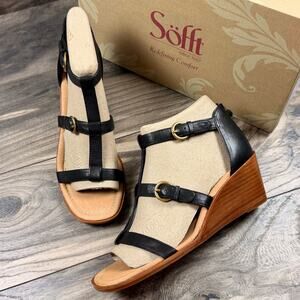 NIB Sofft Gaige 8M 39 Black Leather Gladiator Wedge Sandals